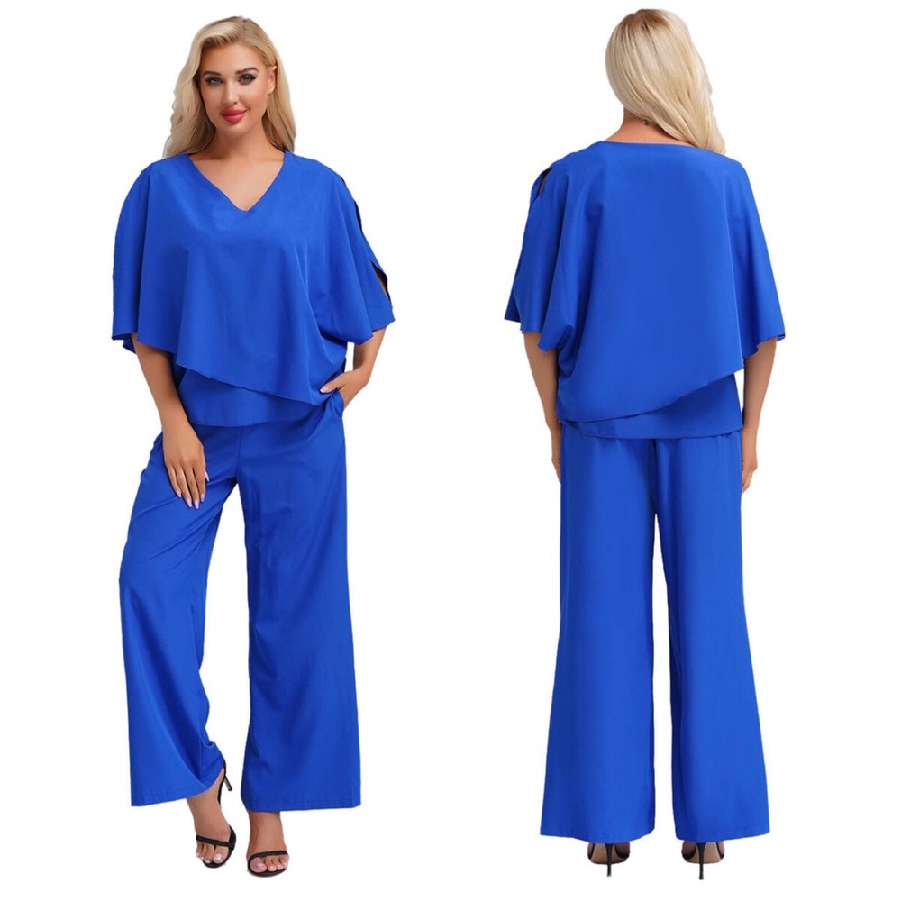 2 Piece Blue Dressy Pant Suit Outfit Set L Large New